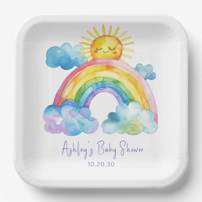 Plato De Papel Baby Shower de arcoiris acuático (Anverso)