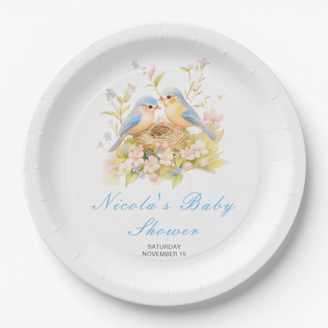 Plato De Papel Baby Shower de aves de primavera (Anverso)