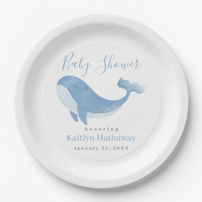 Plato De Papel Baby Shower de ballena azul acuarela (Anverso)