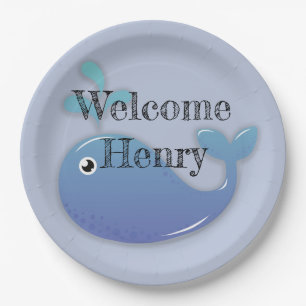 Plato De Papel Baby Shower de ballena azul personalizada