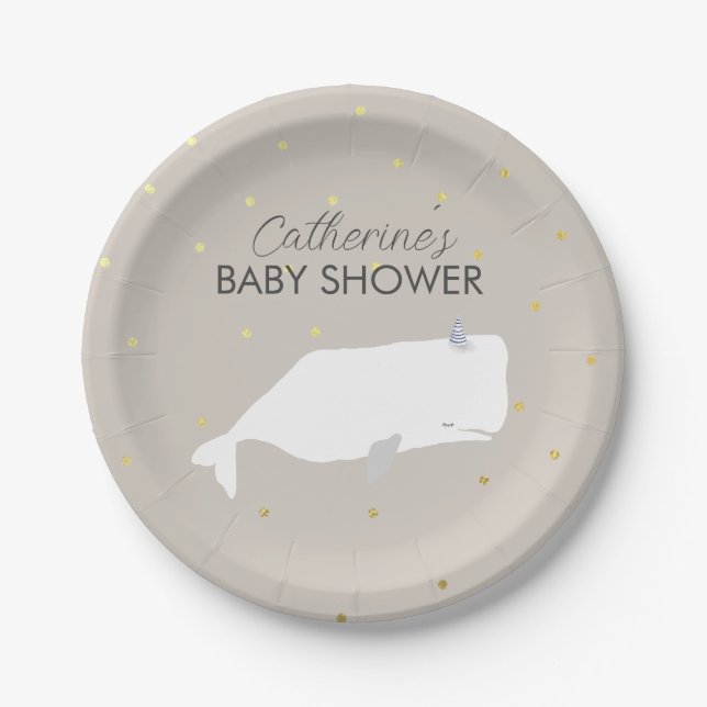 Plato De Papel Baby Shower de ballena blanca neutra beige (Anverso)