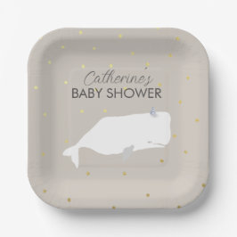 Plato De Papel Baby Shower de ballena blanca neutra beige