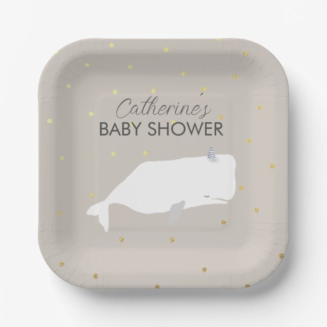 Plato De Papel Baby Shower de ballena blanca neutra beige (Anverso)
