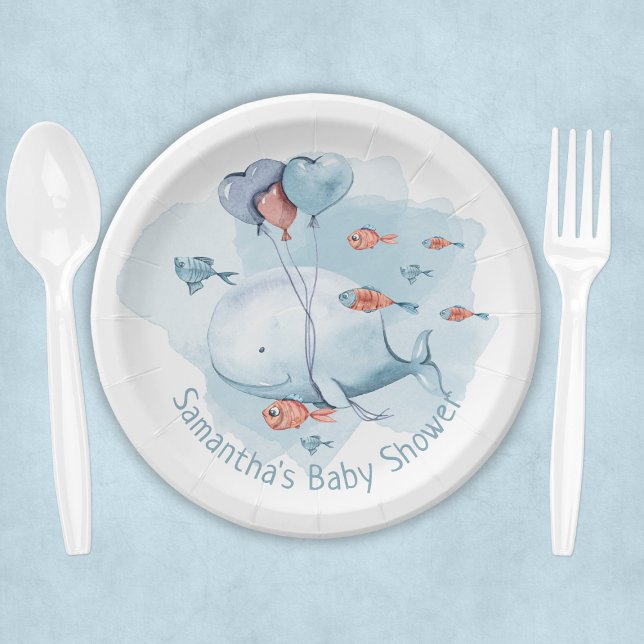 Plato De Papel Baby Shower de ballena personalizada (Cute Personalized Whale Baby Shower Paper Plates
)