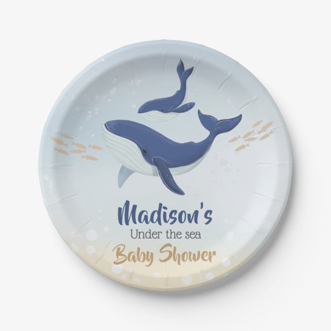Plato De Papel Baby Shower de Ballenas bajo el mar (Anverso)