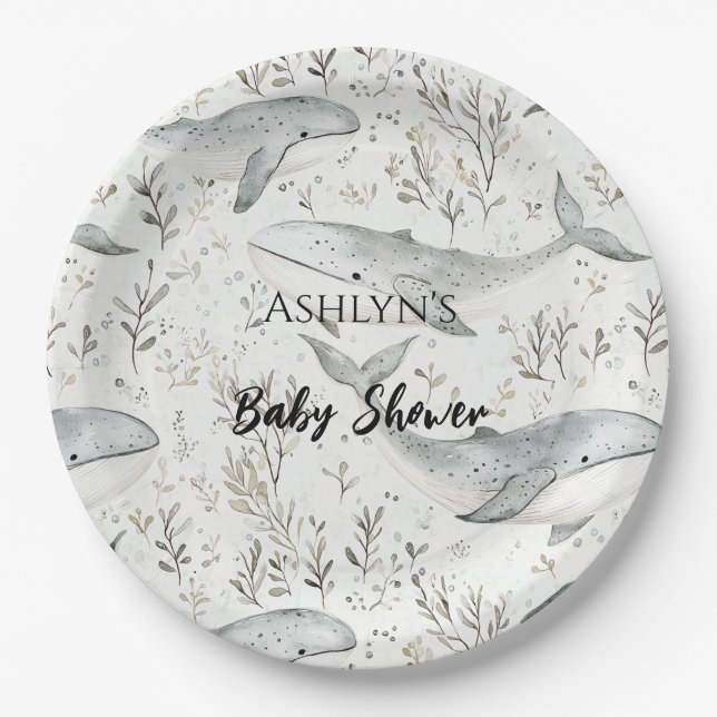 Plato De Papel Baby Shower de ballenas gris oceánicas (Anverso)
