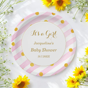 Plato De Papel Baby Shower de bandas blancas rosadas