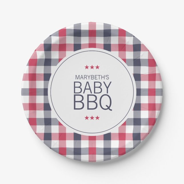 Plato De Papel Baby Shower de barbacoa Preppy Red, Blanco y Azul (Anverso)