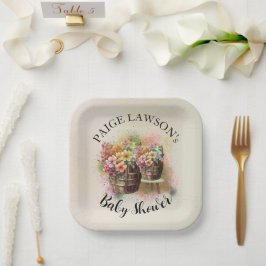 Plato De Papel Baby Shower de barril de flores Beige