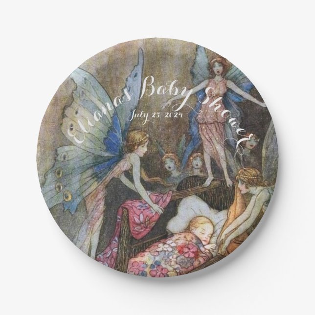 Plato De Papel Baby Shower de Bendición para Bebés de Hadas Rosad (Anverso)