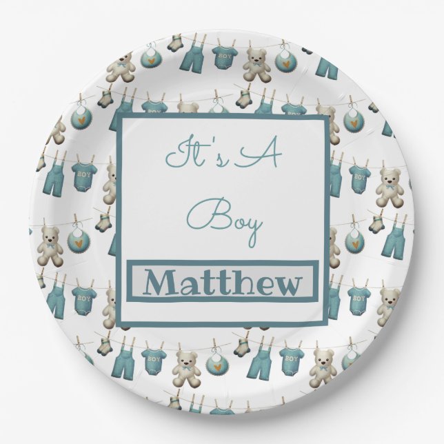 Plato De Papel Baby Shower de Blue Boy Clothesline (Anverso)