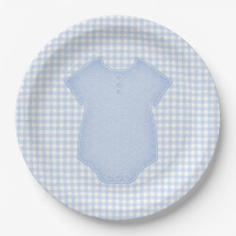 Plato De Papel Baby Shower de Blue Gingham Baby Boy Bodysuit