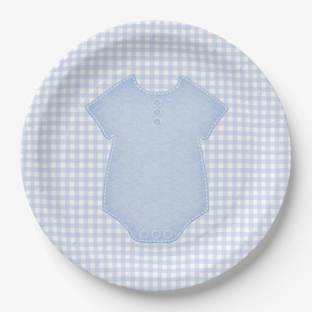 Plato De Papel Baby Shower de Blue Gingham Baby Boy Bodysuit (Anverso)