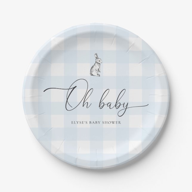 Plato De Papel Baby Shower de Blue Gingham Bunny Rabbit (Anverso)