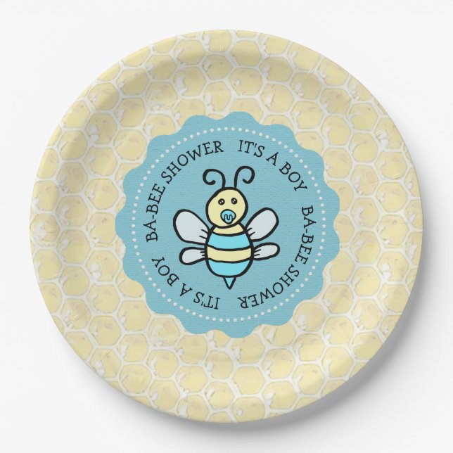 Plato De Papel Baby Shower de Blue Honey Bee Boy (Anverso)