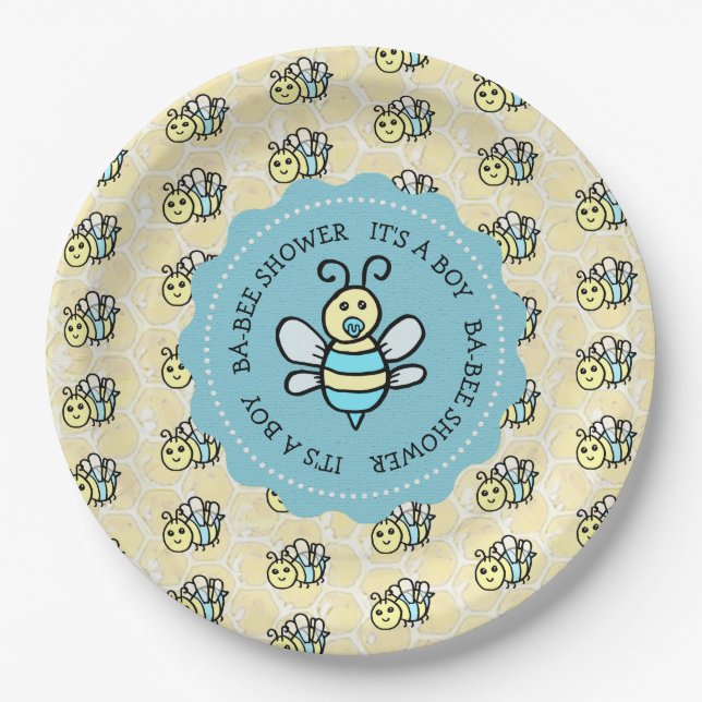 Plato De Papel Baby Shower de Blue Honey Bee Boy (Anverso)