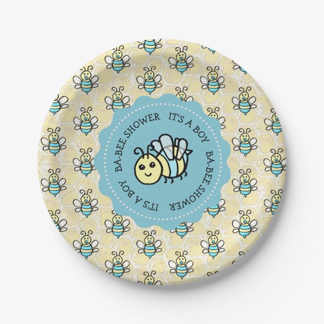 Plato De Papel Baby Shower de Blue Honey Bee Boy (Anverso)