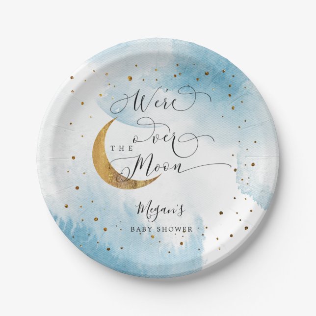Plato De Papel Baby Shower de Blue Over the Moon Gold Stars (Anverso)