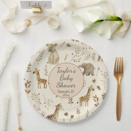 Plato De Papel Baby Shower de Boho White Beige Jungle Animales