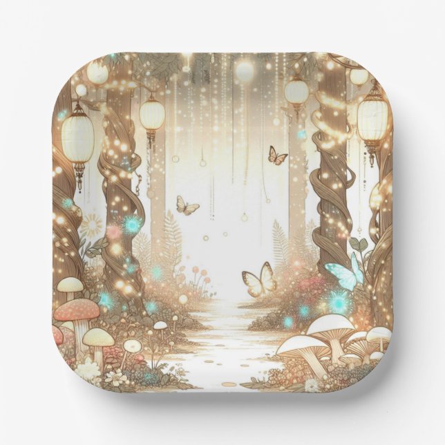 Plato De Papel Baby Shower de bosque mágico simple encantado (Anverso)