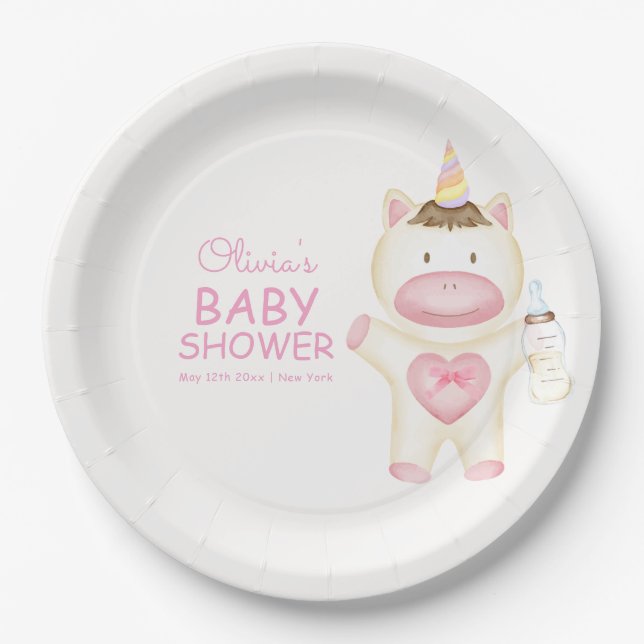 Plato De Papel Baby Shower de botellas de unicornio rosado (Anverso)
