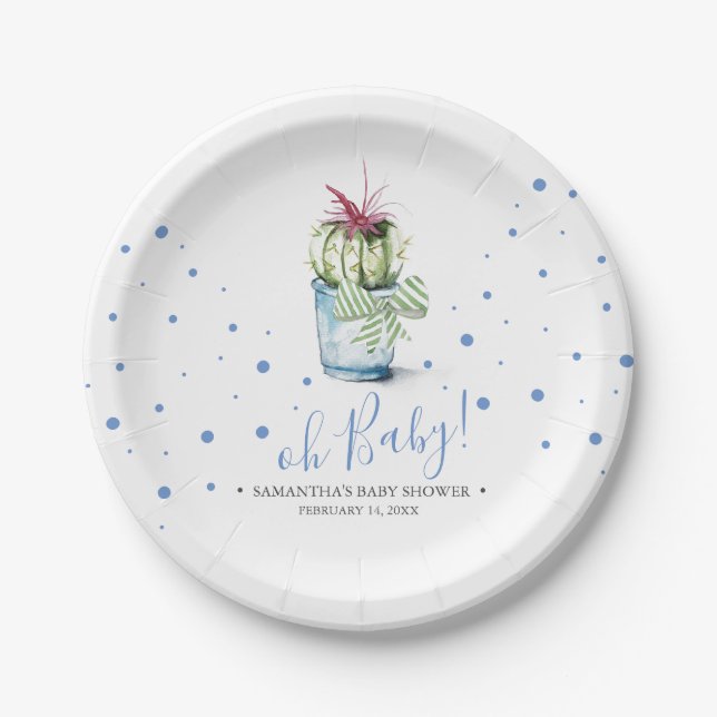 Plato De Papel Baby Shower de Cactus azul y verde moderno (Anverso)