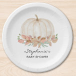 Plato De Papel Baby Shower de caída de calabaza<br><div class="desc">Este lindo plato de papel para bebés en otoño incluye una calabaza blanca de color agua y una suave follaje pastel. Perfecto para una ducha para bebés sin diferencias de género. Personalizable fácil. Porque creamos nuestra obra de arte no encontrarás esta imagen exacta de otros diseñadores. Acuarela original © Michele...</div>
