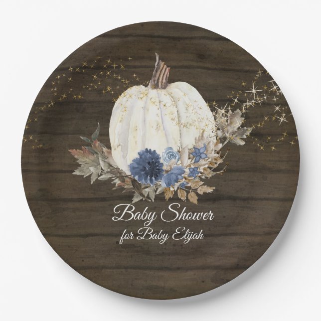 Plato De Papel Baby Shower de calabaza floral azul de la Marina R (Anverso)
