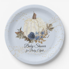 Plato De Papel Baby Shower de calabaza floral azul de la Marina R