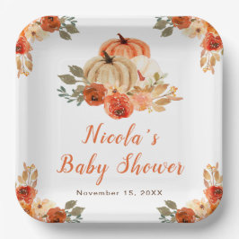 Plato De Papel Baby Shower de calabazas florales naranjas