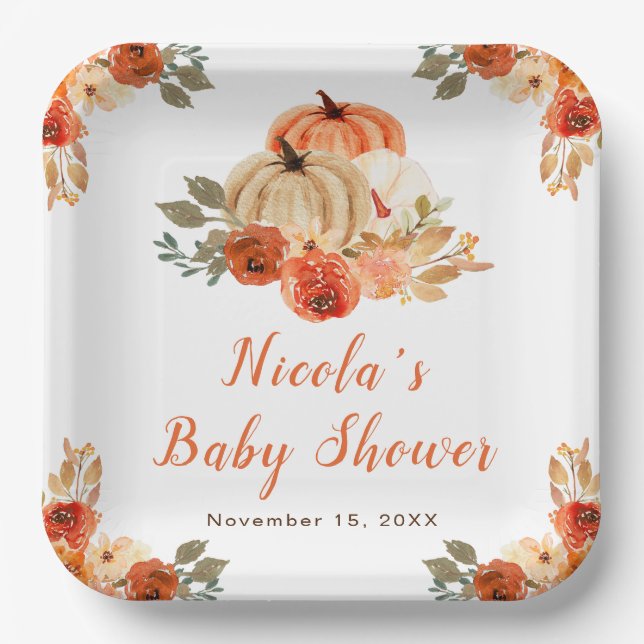 Plato De Papel Baby Shower de calabazas florales naranjas (Anverso)