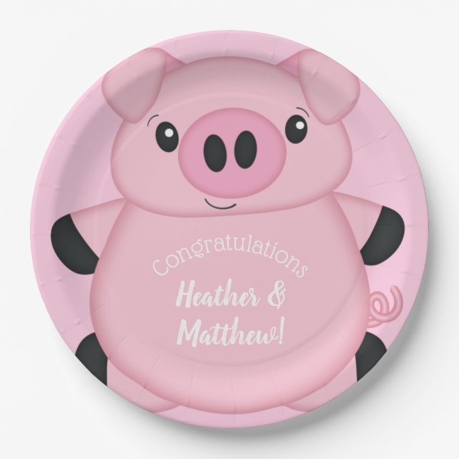 Plato De Papel Baby Shower de cerdo rosa (Anverso)