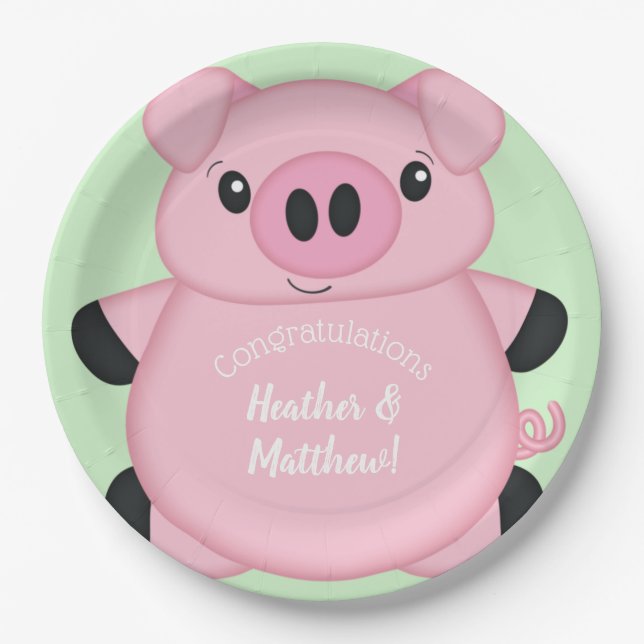 Plato De Papel Baby Shower de cerdo verde (Anverso)