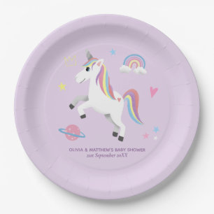 Plato De Papel Baby Shower de Chicas de unicornio mágico morado