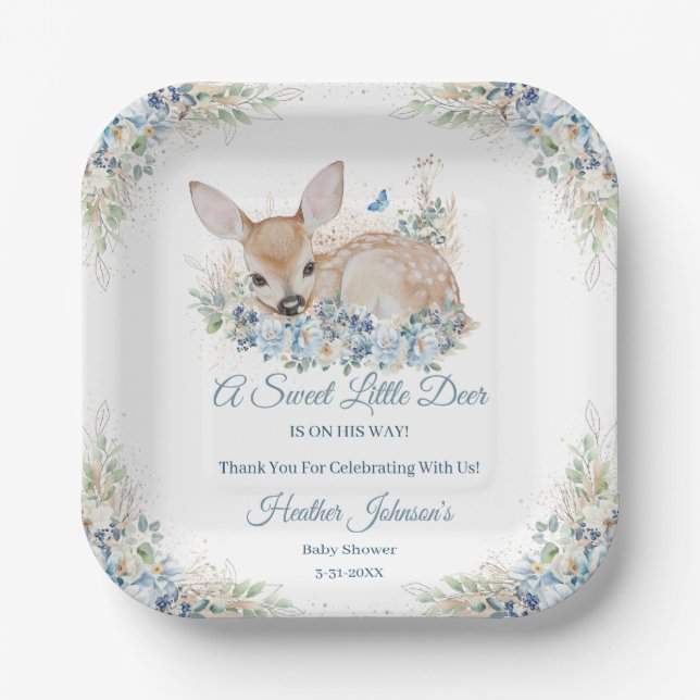 Plato De Papel Baby Shower de ciervo floral azul y beige (Anverso)