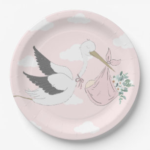 Plato De Papel Baby Shower de cigüeña rosa