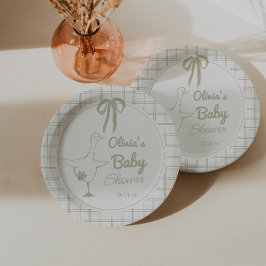 Plato De Papel Baby Shower de cinta neutra de ganso suave dibujad