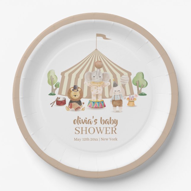 Plato De Papel Baby Shower de circo neutro de safari mágico boho (Anverso)