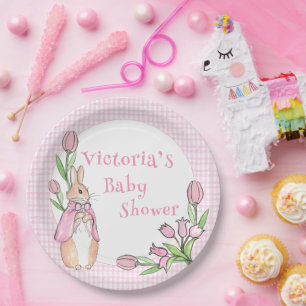 Plato De Papel Baby Shower de conejito blanco rosado