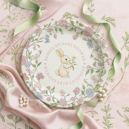 Plato De Papel Baby Shower de conejito floral rosado delgado