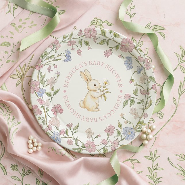 Plato De Papel Baby Shower de conejito floral rosado delgado (Pink Delicate Vintage Floral Bunny Baby Shower Paper Plates)