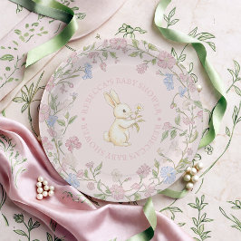 Plato De Papel Baby Shower de conejito floral rosado delgado