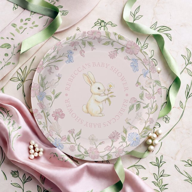 Plato De Papel Baby Shower de conejito floral rosado delgado (Pink Delicate Vintage Floral Bunny Baby Shower Paper Plates)