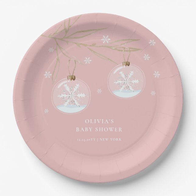 Plato De Papel Baby Shower de copo de nieve de oro rosa (Anverso)