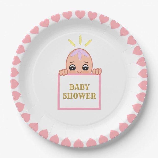 Plato De Papel Baby Shower de Corazones Rosa Cute (Anverso)
