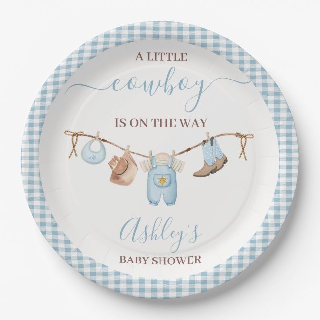 Plato De Papel Baby Shower de Cowboy Blue Cothesline Brown (Anverso)