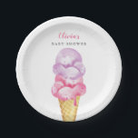 Plato De Papel Baby Shower de crema de hielo rosa y morado<br><div class="desc">Cuidada y divertida temática de helados,  placa de papel para bebé con acuarela de ilustracion de helados rosa y morado en un cono de gofre. Excelente diseño para la ducha de chica en verano.</div>