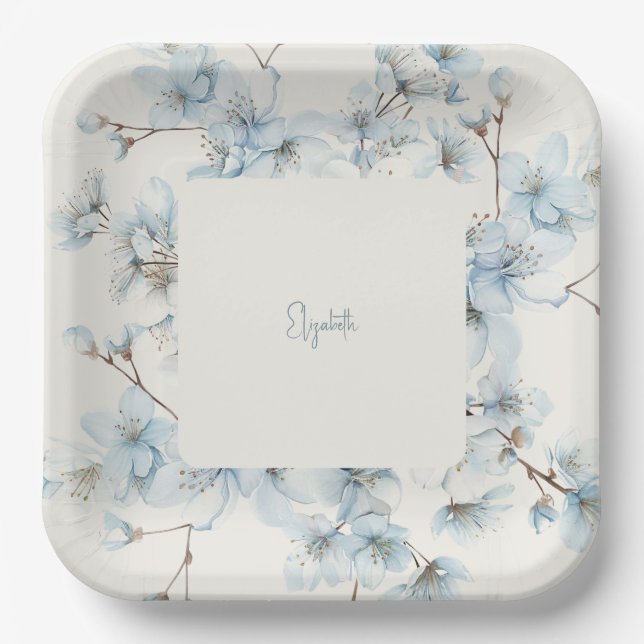 Plato De Papel Baby Shower de crema floral azul personalizada (Anverso)