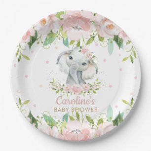 Plato De Papel Baby Shower de cumpleaños de elefante floral rosa