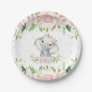 Plato De Papel Baby Shower de cumpleaños de elefante floral rosa